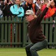 Miguel Angel Jimenez shows Ping employees the appropriate way to stretch