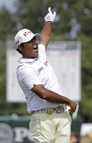 Anirban Lahiri yells after a shot during the fourth round of the PGA Championship. (AP)