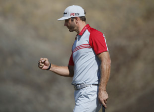 Dustin Johnson reacts after making a birdie on the ninth hole. (AP)