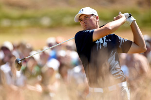 Jordan Spieth hits his tee shot on the first hole during the second round of the U.S. Open. (Getty Images)
